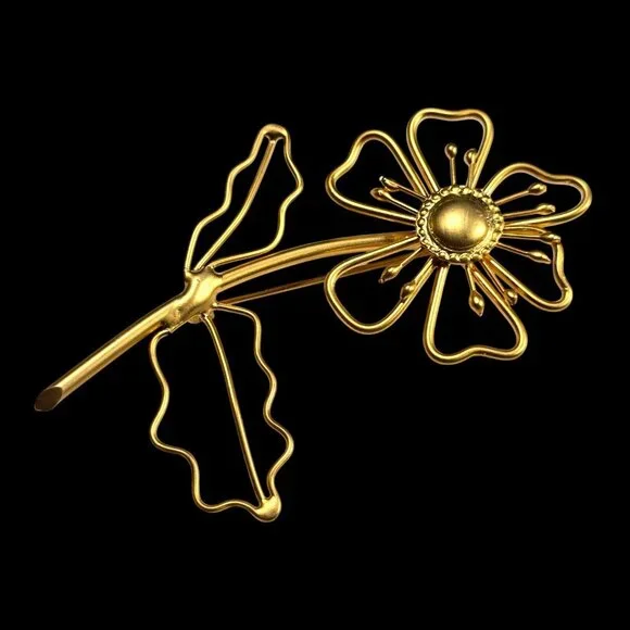 Gold Tone Flower Brooch Open Wire Daisy Mid Century Modernist Statement Vintage - Picture 1 of 10